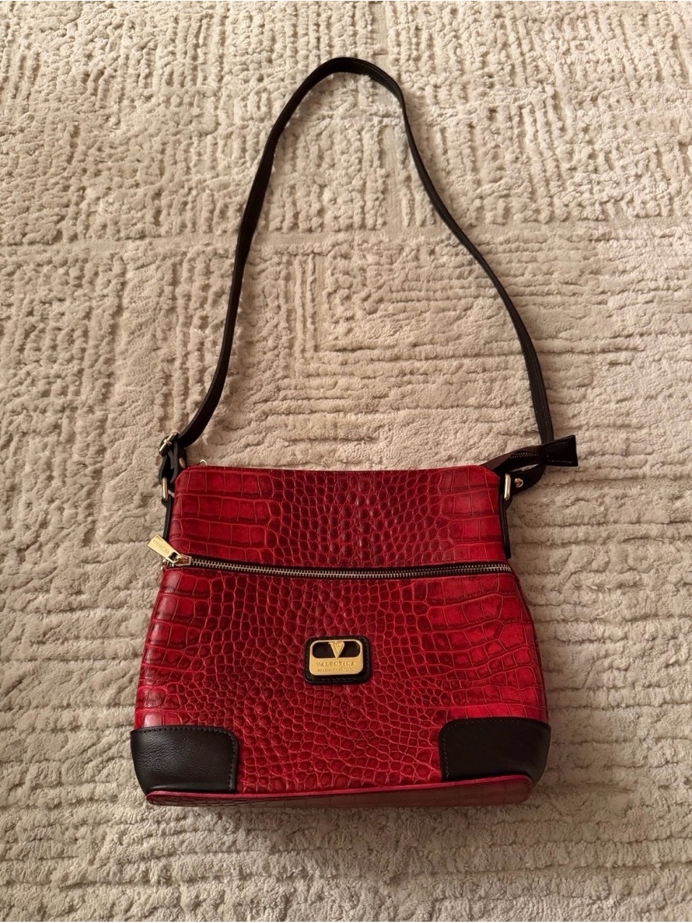 Valentina Red Croc Embossed Genuine Leather Shoulder Bag Made in Italy